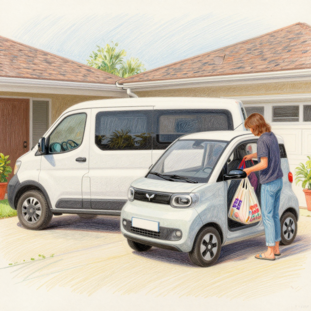 軽EVとバンコンの2台持ちとは？ 平日の通勤は軽EV、週末や非常時はバンコン。"毎日の足"と"動く小部屋"で役割を分ける。サイズはアクア並みで立体駐車場にも収まる。