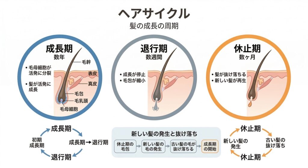 ヘアサイクル（毛周期）の図解｜成長期・退行期・休止期とAGA