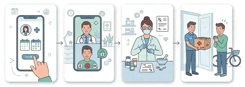 AGAオンライン診療の流れ（予約・オンライン診察・処方・自宅配送）