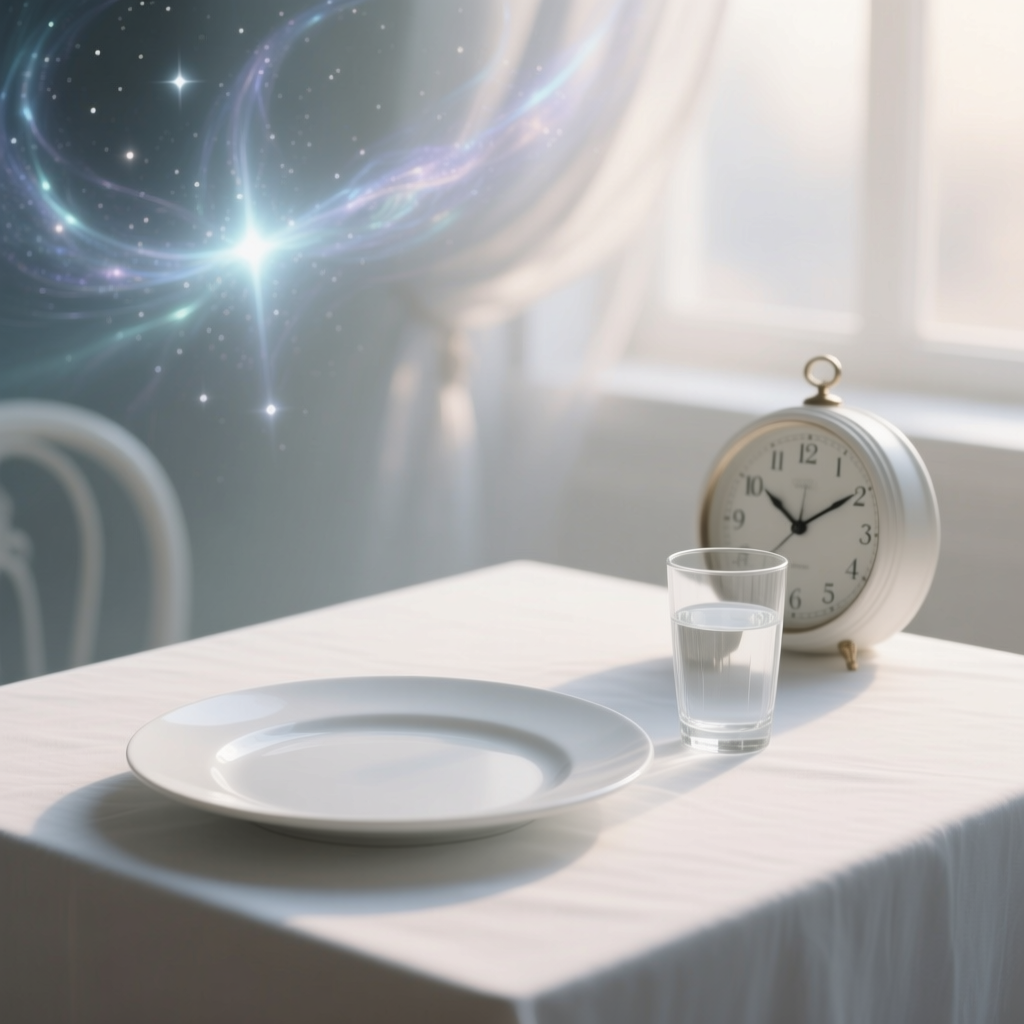 空になった皿とコップ一杯の水とぼやけた時計が並ぶ静かな食卓