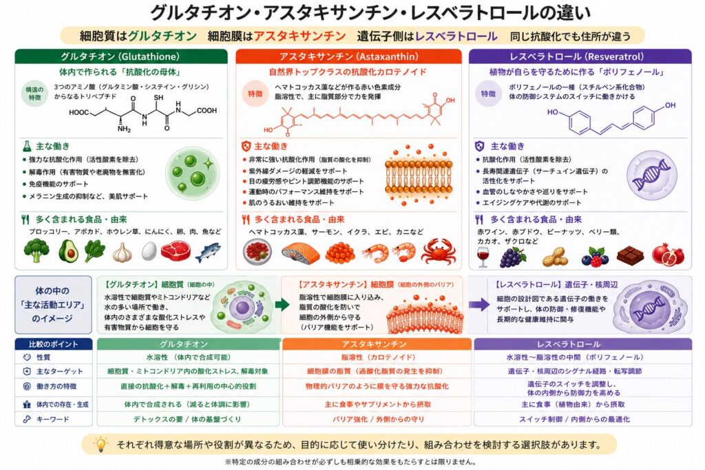 グルタチオン・アスタキサンチン・レスベラトロールの作用部位の違い
