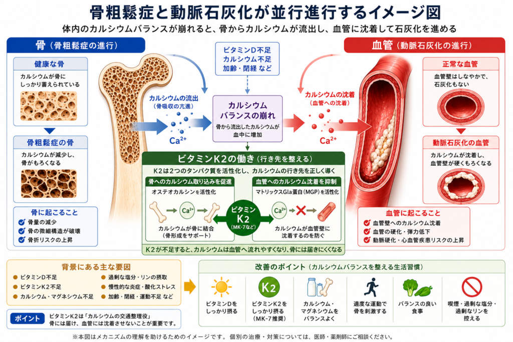 骨密度低下と血管石灰化の同時進行イメージ
