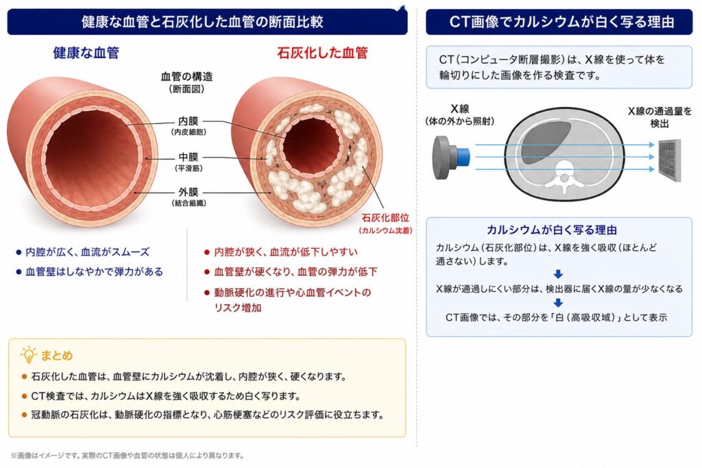 健康な血管と石灰化した血管の断面比較。カルシウム沈着で内腔が狭くなる仕組みと、CT画像で石灰化が白く写る原理(X線吸収)を解説する図解