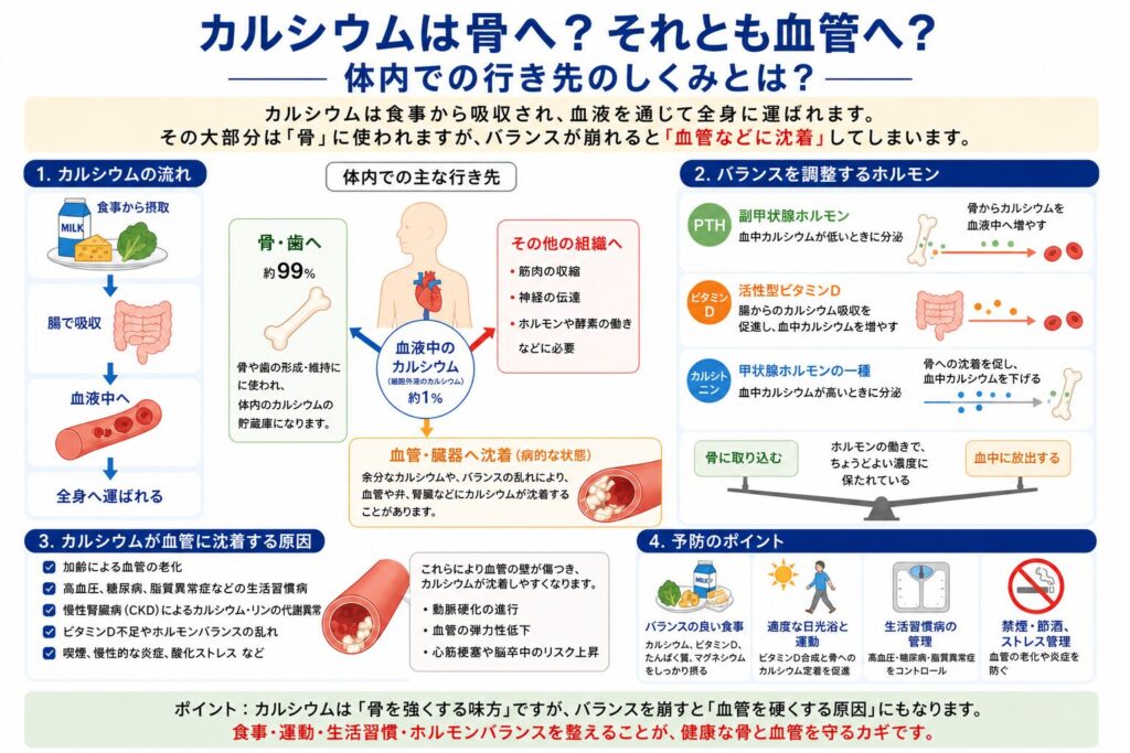 カルシウムの体内での行き先を解説する図。食事からの吸収経路、骨に約99%貯蔵される仕組み、副甲状腺ホルモン・カルシトニン・活性型ビタミンDによる調節、血管沈着の原因と予防のポイント