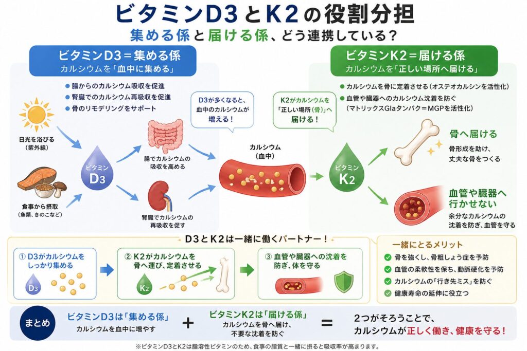 ビタミンD3とK2の役割分担を解説する図。D3が腸からカルシウムを吸収し、K2が骨や血管への行き先を指示する仕組み