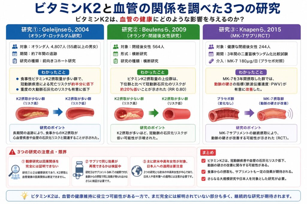 ビタミンK2と血管の関係を調べた3つの研究を比較した解説図。Geleijnse 2004ロッテルダム研究、Beulens 2009閉経後女性研究、Knapen 2015 MK-7サプリRCTの対象人数・期間・主な結論と、観察研究の限界をまとめた