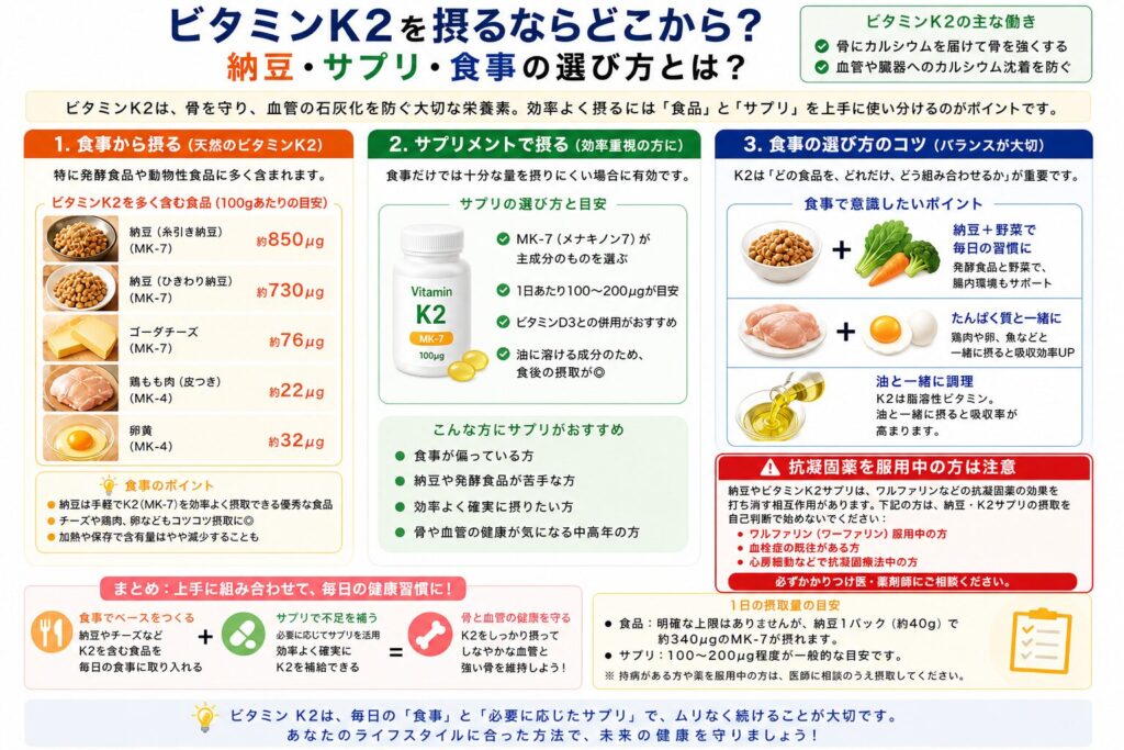 ビタミンK2を食事とサプリのどちらから摂るかを整理した解説図。納豆・チーズ・卵黄など食品100gあたりの含有量、サプリ選びの目安、食事の組み合わせのコツ、抗凝固薬服用者への注意喚起を網羅