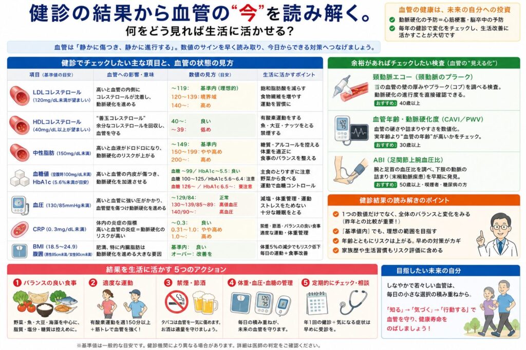 健診結果から血管の状態を読み解く解説図。LDL・HDL・中性脂肪・血糖・HbA1c・血圧・CRP・BMIの基準値と見方、頸動脈エコー・CAVI・ABIなどの追加検査、5つの生活アクションを医療従事者がまとめた